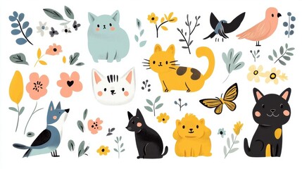 Fototapeta premium Cute Animal Illustrations with Floral Elements for Kids’ Decor