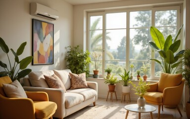 Fototapeta premium A bright and cozy living room filled with plants, showcasing a warm and inviting atmosphere.