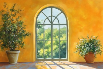 Plants flank an arched window in a bright yellow room