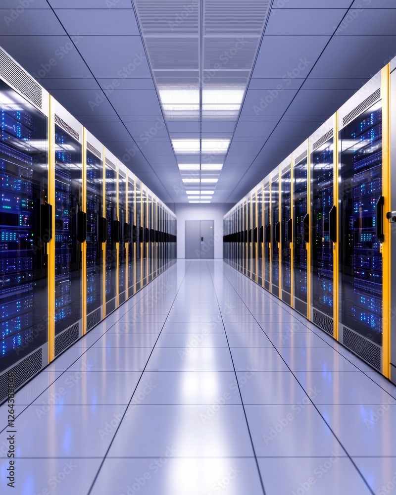 Poster a modern data center corridor with rows of servers, illuminated by bright lights, showcasing a sleek