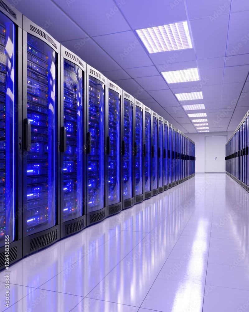 Poster a high-tech data center corridor lined with server racks illuminated by blue lights, showcasing mode