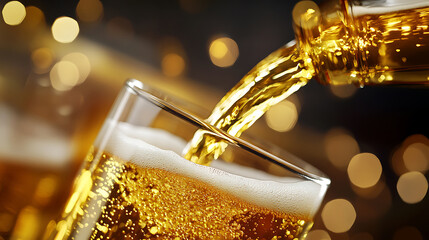 Close-up of golden liquid while pouring beer into a clear cup