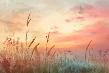 Naklejka premium A nature-themed background featuring a serene sky, gentle clouds with soft pastel colors, and a textured, artistic touch. perfect for seasonal designs or nature-themed projects