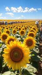 Obraz premium Vibrant sunflower field with visitors enjoying the sunny day and picturesque landscape