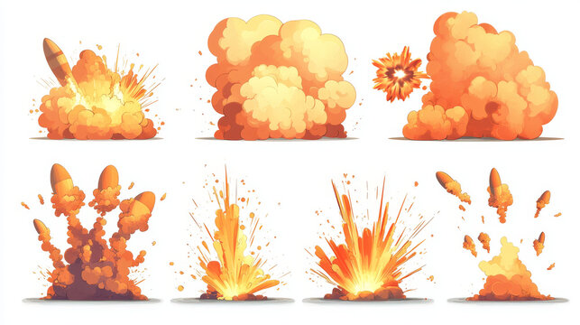 Bomb explosions, blasts with fire and black smoke clouds. Vector cartoon set of burst with flame and flash from dynamite, nuclear weapon or rocket hit isolated on background