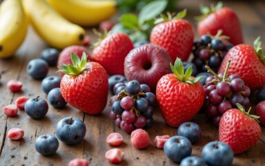 Obraz premium A vibrant assortment of fresh fruits including strawberries, blueberries, grapes, and bananas on a rustic wooden surface.