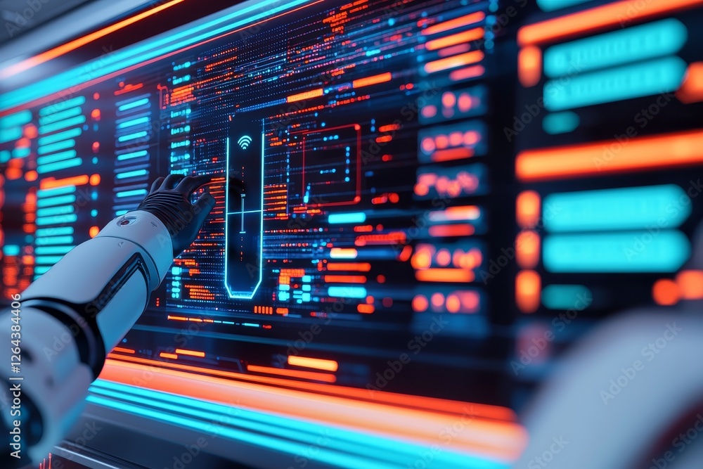 Poster ai-driven learning concept. futuristic robotic hand interacting with a high-tech digital interface.
