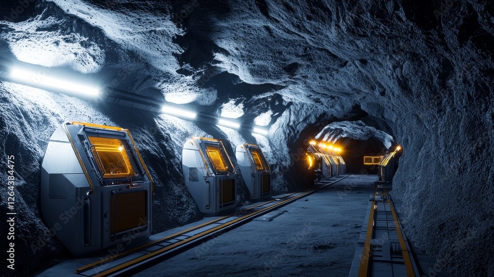 Poster asteroid mining concept. futuristic underground mining tunnel with illuminated machinery.
