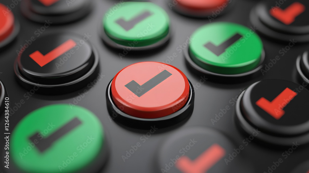 Aufkleber check marks with tick and cross sign for icons of right and wrong choice. red and green square butto