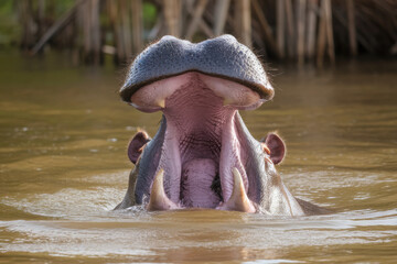 Fototapeta premium Hippo open muzzle in river water