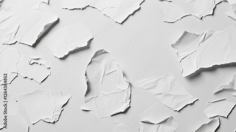 Poster old paper sheets with torn edges. white ripped and crumpled notes and scraps isolated on gray backgr