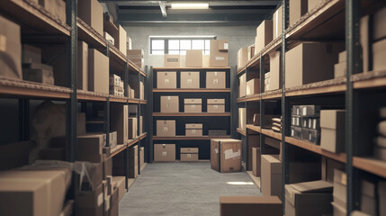 Obraz premium Warehouse interior with cardboard boxes on metal racks. Vector cartoon illustration of empty storage room interior with goods, cargo and parcels on shelves. Storehouse in store, garage, market