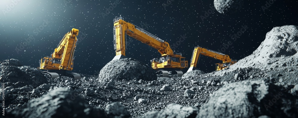 Poster asteroid mining concept. heavy machinery mining asteroids in space with a cosmic backdrop.