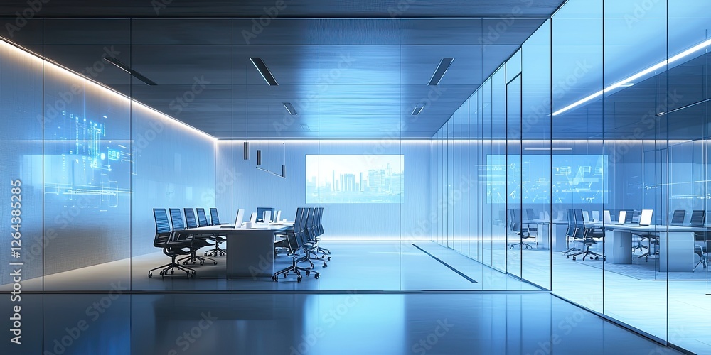 Aufkleber High-tech office prioritizing tech innovation, with a team brainstorming and implementing cutting-edge technologies.