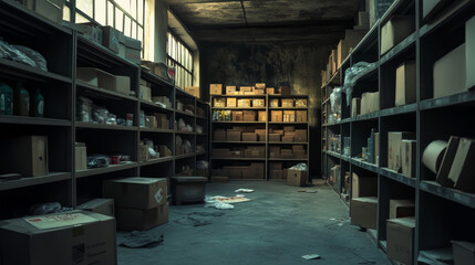 Warehouse interior with cardboard boxes on metal racks. Vector cartoon illustration of empty storage room interior with goods, cargo and parcels on shelves. Storehouse in store, garage, market