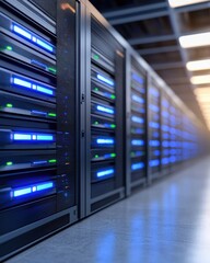 A row of server racks illuminated by blue lights, showcasing a modern data center environment.