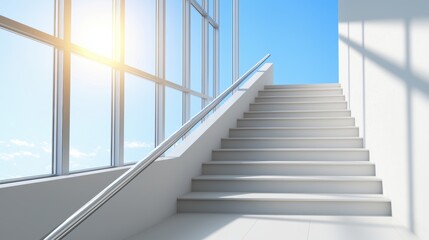Fototapeta premium A modern, bright staircase leads upward, illuminated by sunlight streaming through large windows, The clean lines and spacious ambiance make it perfect for architectural or interior design concepts,