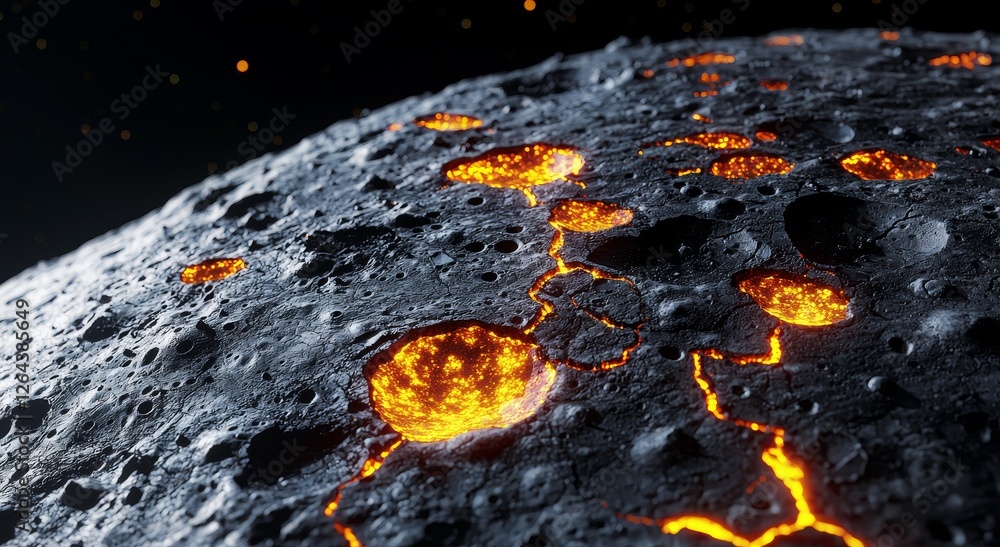 Poster asteroid mining concept. lava-filled surface of a celestial body in a dark space environment.