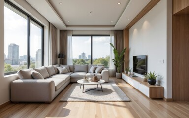 Fototapeta premium Bright and modern living room featuring large windows, a cozy sofa, and stylish decor.