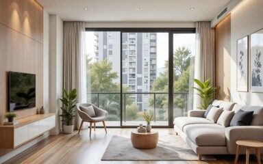 A stylish modern living room with large windows, comfortable seating, and indoor plants creating a warm atmosphere.