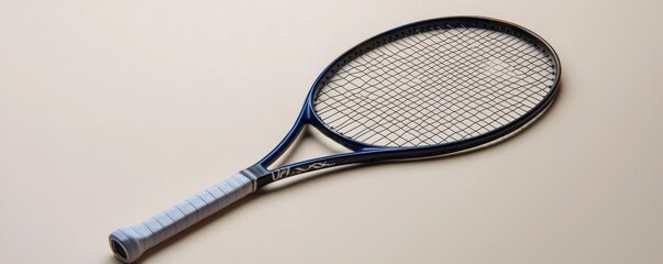 Functional tennis racket cleanly highlighted against a neutral, smooth backdrop.