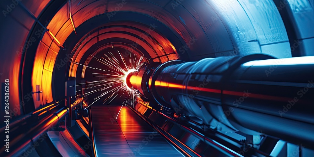Poster a particle accelerators beamline, with charged particles moving near light speed toward a collision.