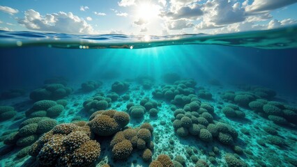 Fototapeta premium Split view of coral reef underwater with sunlight rays and ocean surface 