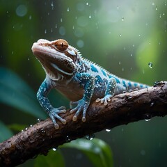 Fototapeta premium Gecko Perched on Tree with Shimmering Droplets in Jungle