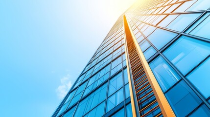 Obraz premium Motivated corporate ladder concept. Modern skyscraper with a reflective glass facade under sunlight.