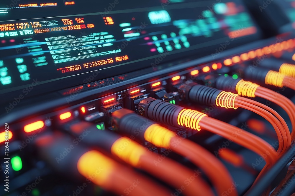 Poster network cables connected to a server with glowing indicators.