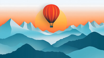 Fototapeta premium Hot Air Balloon Floating Over Mountain Landscape at Sunrise