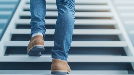 Motivated corporate ladder concept. Person walking up white stairs in denim jeans and brown shoes.