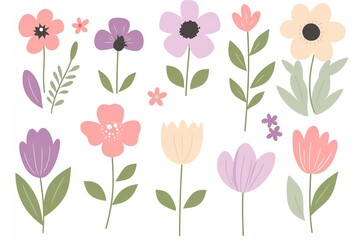 Collection of spring colorful flower elements vector. Set floral of wildflower, leaf branch, foliage on white background. Hand drawn blossom illustration for decor, easter, sticker, clipart, print.