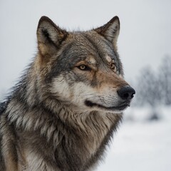 Obraz premium A regal wolf with thick gray fur looking forward, standing proudly on a white backdrop.