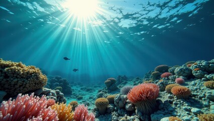 Fototapeta premium Split view of coral reef underwater and tropical ocean with clear water 