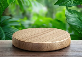 Wooden Round Display Stand on Table with Green Nature Background