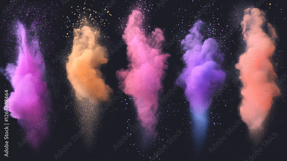 Poster color powder explosions isolated on transparent background. splash of paint dust with particles. vec