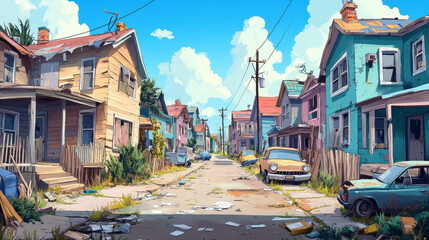 Poor dirty houses in ghetto area. Vector cartoon cityscape with slum buildings, shacks in cheap neighborhood. Shantytown street with old houses, broken car and trash