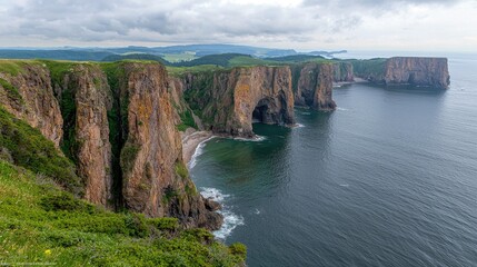 Coastal cliffs, sea caves, and a beach; scenic landscape view