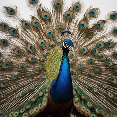 Obraz premium A stunning peacock displaying its iridescent tail in full splendor against a white background.