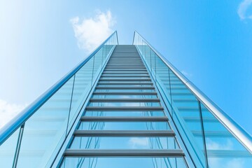 Climbing corporate ladder concept. Stairway leading to a bright blue sky with clouds.