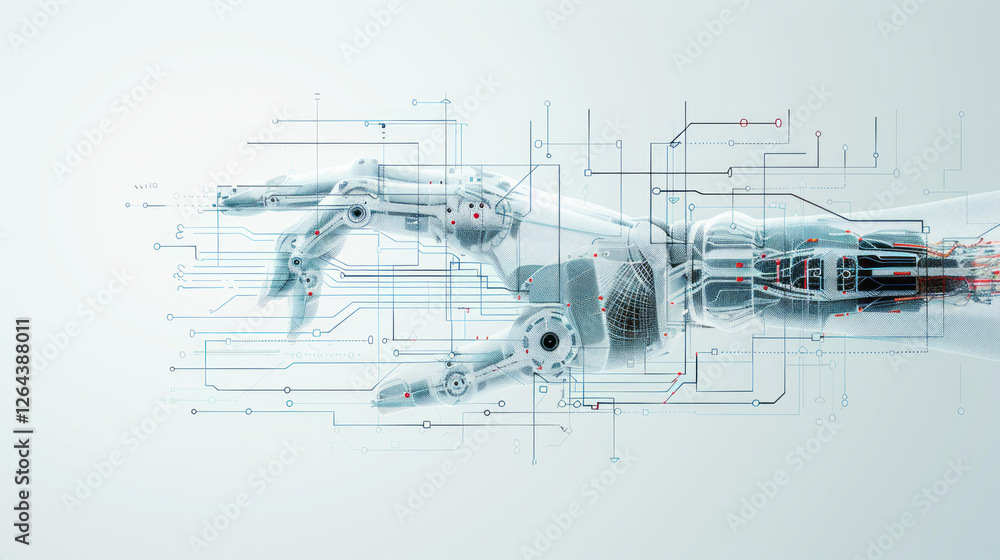 Poster the future in our hands: a robotic hand, intricately designed with gears and wires, reaches out agai