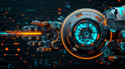 Cybernetic Arm Reaching: A powerful, futuristic cybernetic arm with glowing neon lights extends its reach across a dynamic circuit board backdrop, capturing the essence of cutting-edge technology. 