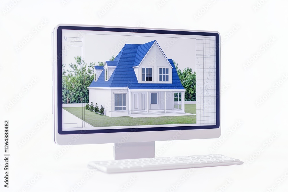 Poster real estate technology and integration concept. 3d house design displayed on a computer screen with 