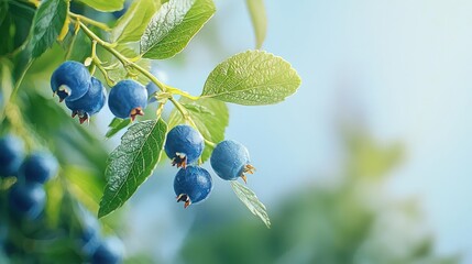 Ripe Blueberries on Branch with Dew Drops