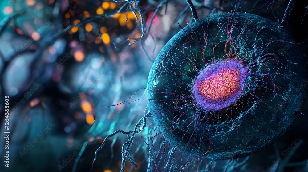 Poster Mesmerizing microscopic image of a cellular structure or organism in a surreal high tech digital backdrop with glowing vibrant colors and abstract futuristic patterns