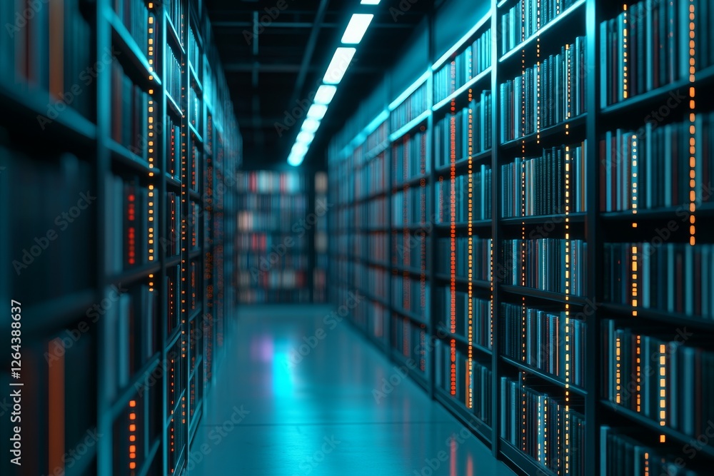 Poster ai-driven learning concept. a dimly lit corridor lined with bookshelves and glowing lights.
