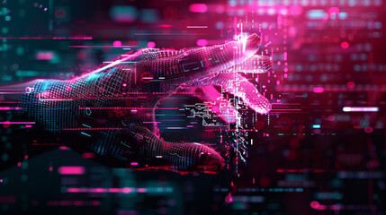 Digital Touch:  A stylized, pixelated hand reaching out from a swirling digital matrix, its fingers glowing with vibrant neon light, creating an abstract and futuristic visual.