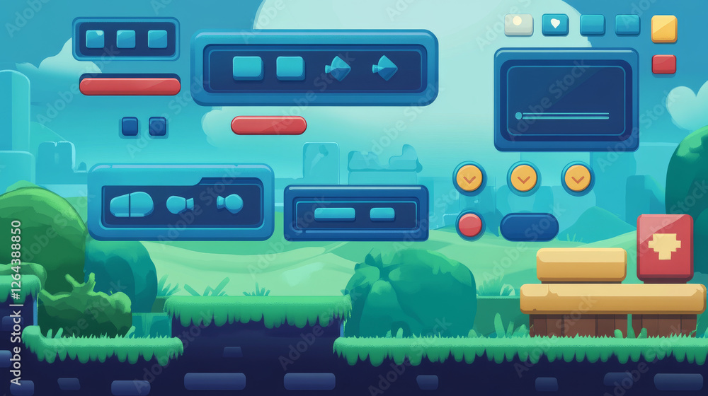 Poster game menu interface windows, cartoon options, settings, adventure plates with ui buttons, progress b
