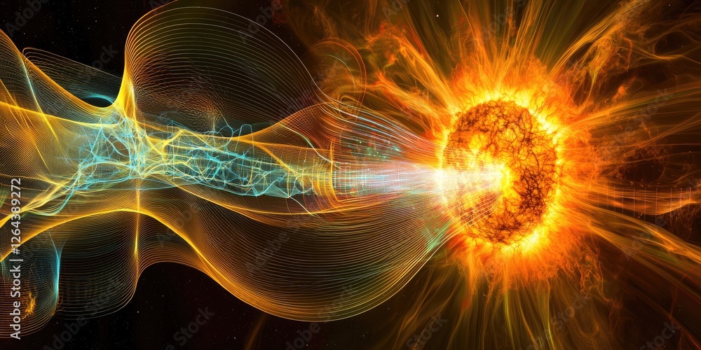 Poster a technological depiction of a solar flare, with detailed data analysis overlays and energy pulses e